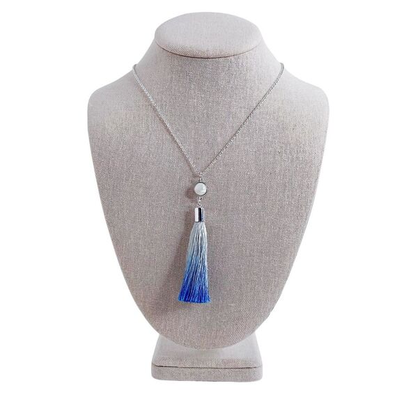 Blue Ombre Tassel Silver Pendant Statement Necklace Boho Chic Bohemian - Picture 1 of 3